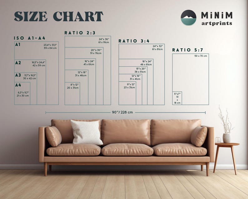 a wall with a size chart for MINIM art prints. The chart provides the dimensions of various prints in inches, ranging from 1 to 4. The couch in the foreground is brown leather and has a white pillow on it. The wall behind the couch has a minimalist design, with a vase and a plant placed on a small table.