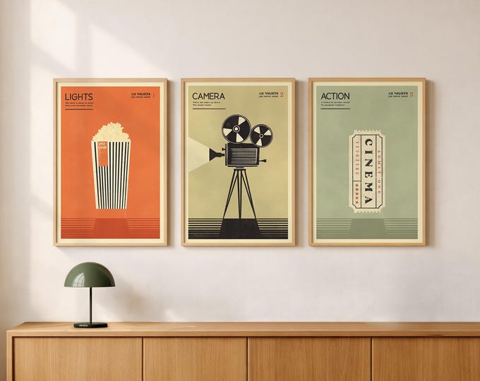 Retro Home Theater Prints – Minimalist Cinema Art (Digital Download)