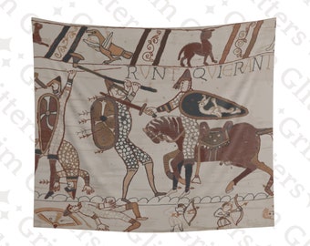 May include: A tapestry depicting a scene from the Bayeux Tapestry, a historical embroidery that tells the story of the Norman Conquest of England. The tapestry features a knight on horseback, a warrior with a sword, and a fallen soldier. The text "RVNTAQVIERANI" is visible in the upper right corner.