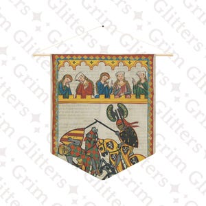 May include: A medieval tapestry featuring a scene of a knight on horseback jousting with another knight. The tapestry is framed by a yellow border with red and gold accents. Above the scene, five women are depicted in a castle window.