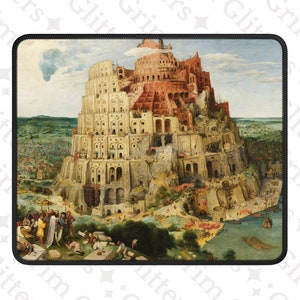 May include: A detailed painting of the Tower of Babel, a large, multi-level structure with many windows and arches. The tower is built of stone and brick and is surrounded by a landscape of hills and trees. There are many people working on the tower, and there are also some people in the foreground.