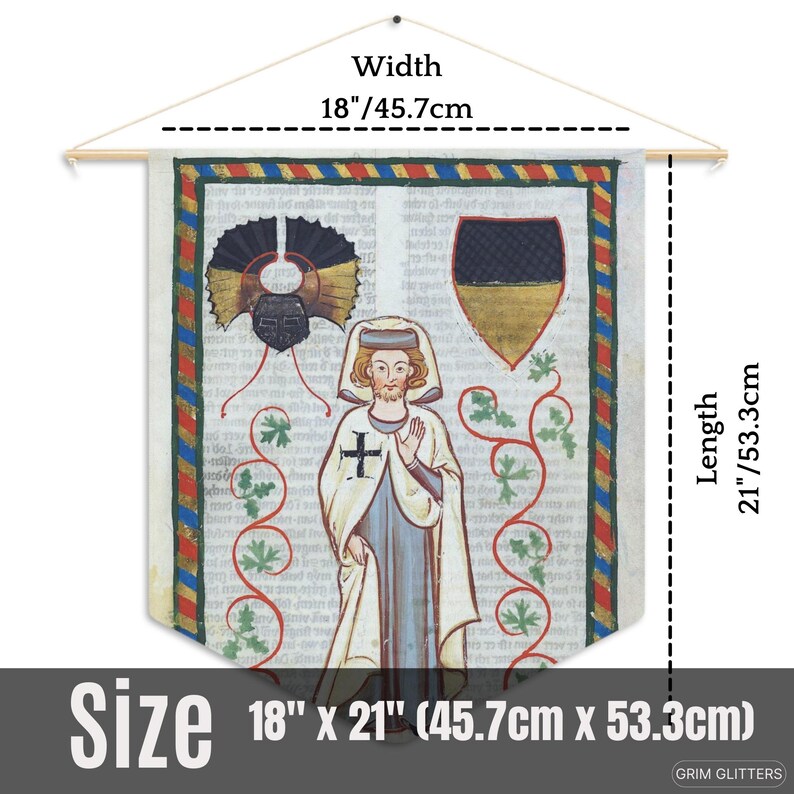 May include: A tapestry wall hanging featuring a medieval illustration of a person in a white robe with a cross on their chest. The illustration is surrounded by a decorative border with red, blue, and gold accents. The tapestry is 18 inches wide and 21 inches long.