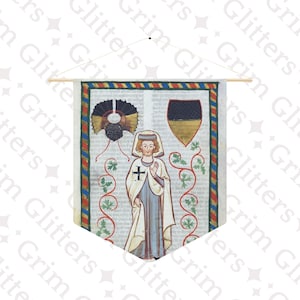 May include: A medieval-style tapestry featuring a depiction of a person in a white robe with a cross on their chest. The person is standing in front of a shield with a black and gold design. The tapestry is framed with a red, blue, and yellow border.