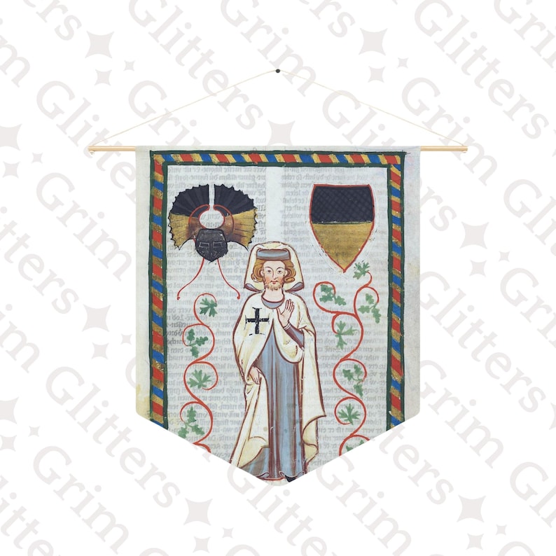 May include: A medieval-style tapestry featuring a depiction of a person in a white robe with a cross on their chest. The person is standing in front of a shield with a black and gold design. The tapestry is framed with a red, blue, and yellow border.