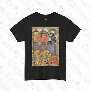 May include: Black t-shirt featuring a medieval illustration of a castle siege. The artwork depicts soldiers with bows and arrows, a castle, and figures in armor. The design is framed with a decorative border.
