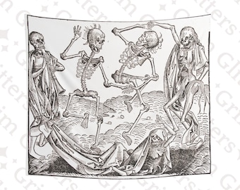 Danse Macabre Tapestry: Nuremberg Chronicle Medieval Dance of Death Wall Hanging
