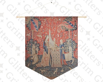 The Lady and the Unicorn 'Hearing' Pennant Banner: Medieval Unicorn Tapestry Art