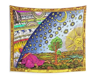 Flammarion Tapestry - Reiziger die het universum verkent - Alchemistendroom - Universum Gravure - Esoterische Muurkunst - Mystieke Kosmische Decor