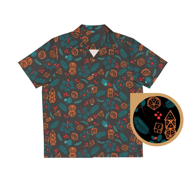 Hawaiian DnD Dice Shirt - Tropical Aloha Style DnD Hawaii Shirt, DM Gift, Roleplaying Attire, Aloha Fashion, Tabletop, Black Floral Pattern