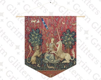 The Lady and the Unicorn (Sight) Pennant Banner - Unicorn Tapestry - Medieval Art Reproduction - Magical Home Decor - Medieval Wall Hanging