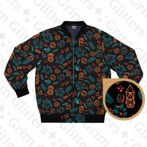 Hawaiian DnD Dice Bomber Jacket - Tropical DnD Hawaii Jacket, DM Gift, Roleplaying Attire, Aloha Fashion, Tabletop RPG, Black Floral Pattern