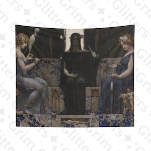 May include: A wall tapestry depicting a classical painting with three figures in long robes. The central figure is dark, with two women in blue and lavender on either side, each holding objects. The artwork has a muted colour palette with blue and gold accents.