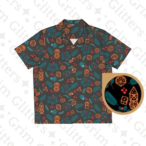 Puede incluir: Una camisa hawaiana de color verde oscuro y naranja con un patrón de dados y flores tropicales.