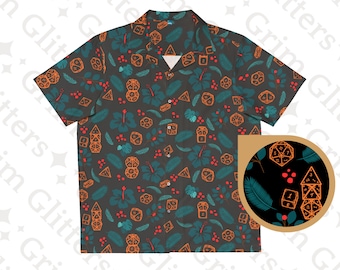 Hawaiian DnD Dice Shirt - Tropical Aloha Style DnD Hawaii Shirt, DM Gift, Roleplaying Attire, Aloha Fashion, Tabletop, Black Floral Pattern