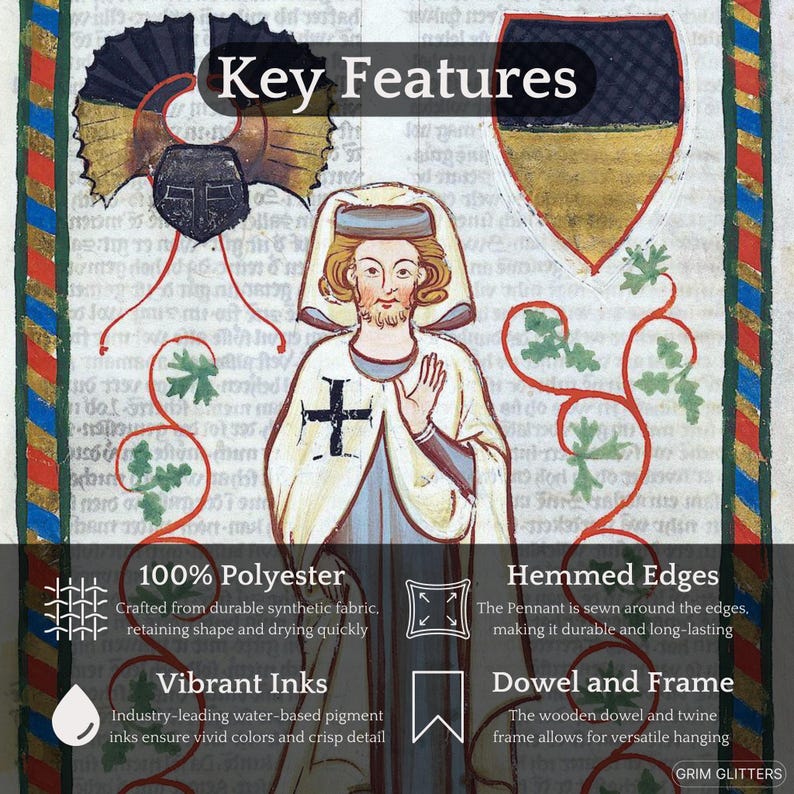 May include: A medieval-style pennant featuring a white knight with a cross on his chest, against a background of gold and black. The pennant is made of 100% polyester fabric, has vibrant inks, and is sewn around the edges for durability. It comes with a wooden dowel and twine frame for hanging.