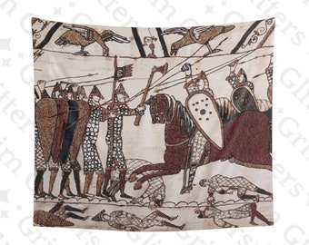 May include: A tapestry depicting a scene from the Bayeux Tapestry, a historical embroidery that tells the story of the Norman Conquest of England. The tapestry shows a group of armed men on foot, facing a mounted knight. The scene is rendered in a variety of colors, including brown, red, and white.