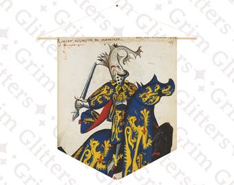 Puede incluir: Una ilustración vintage de un caballero a caballo, con armadura y un casco con cresta. El caballero sostiene una espada y cabalga hacia la derecha. La ilustración es de estilo medieval y está sobre un fondo blanco. El texto "ROBERT SEIGNEUR DE ALAMINES. A Bruges 1420." está en la parte superior de la ilustración.