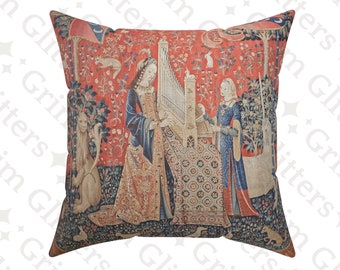 Unicorn Tapestry 'Hearing' Pillow: Medieval Art Throw Cushion