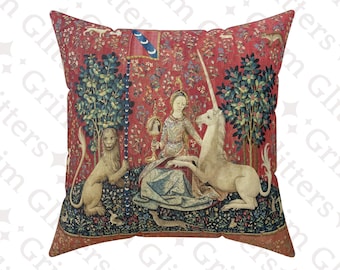 The Lady and the Unicorn 'Sight' Square Pillow - Unicorn Tapestry