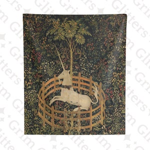 Unicorn in Captivity Tapestry: Medieval French Art Wall Hanging
