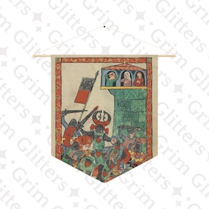 Puede incluir: Un tapiz medieval que representa una escena de batalla con caballeros luchando en un paisaje verde y rojo. El tapiz presenta una torre con tres figuras mirando por las ventanas. El tapiz está enmarcado con un borde rojo y dorado.