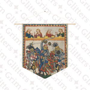 May include: A medieval tapestry depicting a scene of knights jousting on horseback. The knights are wearing armor and wielding swords. Above them, four women watch from a balcony.