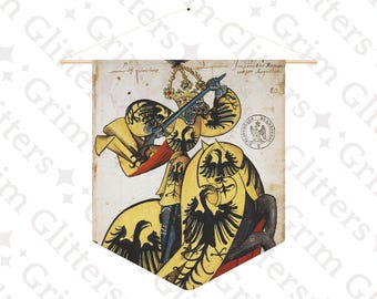 May include: A vintage illustration of a knight on horseback wearing a yellow and black suit of armor with a crown and holding a sword. The knight is surrounded by black eagles. The text "Imperator Romanorum semper Augustus" is written in the top right corner of the image.