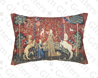 Unicorn Tapestry 'Taste' Lumbar Pillow: Medieval Art Throw Cushion