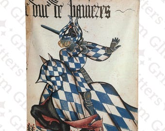 Puede incluir: Una ilustración vintage de un caballero a caballo con una armadura a cuadros azules y blancos. El caballero sostiene una espada y cabalga hacia la derecha. La imagen está titulada "Le duc de baners".