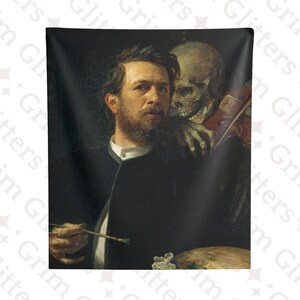 Self-Portrait with Death Playing the Fiddle Tapestry - Arnold Böcklin - Gothic Wall Art - Dark Romanticism Decor - Historic Wall Hanging