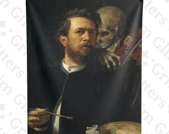 Puede incluir: Una pintura de un hombre con barba, que lleva una chaqueta oscura y una camisa blanca, sosteniendo un pincel. Una figura esquelética con un violín está detrás de él.
