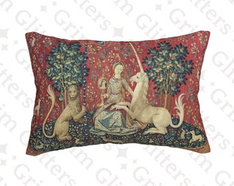 Unicorn Tapestry 'Sight' Lumbar Pillow: Medieval Art Home Decor
