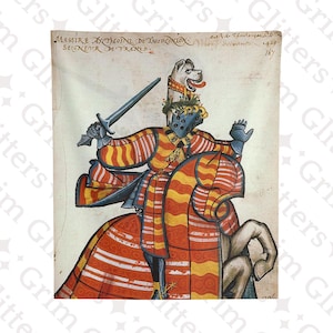 May include: A hand-painted illustration of a knight on horseback, wearing red and yellow striped armor. The knight is holding a sword and has a dog's head on his helmet. The text "Messir & Anthoine de Thoronxion, Seigneur de Trenes" is written above the knight.
