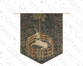 Unicorn in Captivity Pennant Banner: Medieval Tapestry Reproduction
