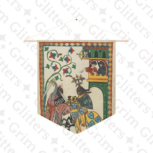 May include: A medieval tapestry depicting a scene of knights on horseback with a castle in the background. The tapestry is made of woven fabric and features intricate details in shades of red, blue, green, yellow, and brown.