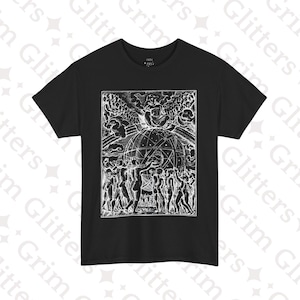 May include: Black t-shirt featuring a detailed black and white illustration. The graphic depicts figures surrounding a globe, with celestial elements and figures above. The shirt has a crew neck and short sleeves.