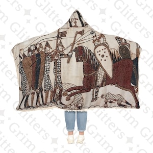 Bayeux Tapestry Snuggle Cloak - Norman Knights Charge Anglo-Saxon Warriors - Bayeux Tapestry Fragment Reproduction - Medieval Hooded Blanket