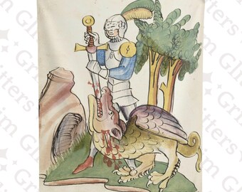May include: A medieval illustration depicting a knight in armor slaying a dragon with a sword. The knight is wearing a blue tunic and a helmet with a plume. The dragon is green and yellow with purple wings and is lying on its side with its mouth open. The scene is set in a forest with a green background.
