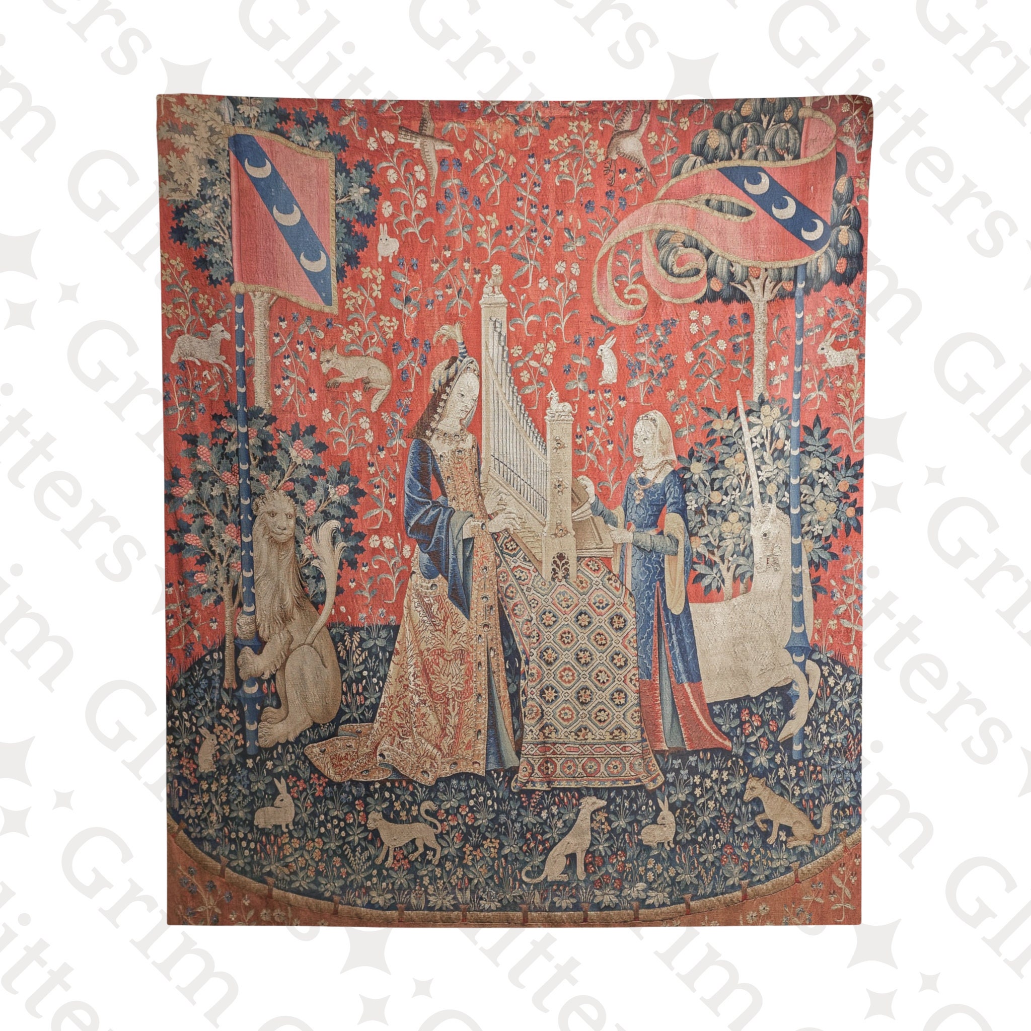 Unicorn 'Hearing' Tapestry: French Medieval Art Wall Hanging