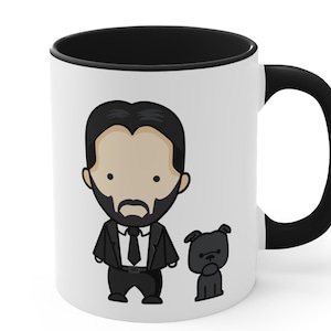 May include: White ceramic coffee mug with a black rim and handle. The mug features a cartoon illustration of a man in a suit and a small dog.