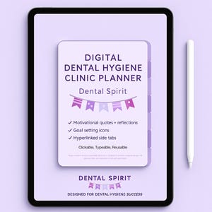 Könnte beinhalten: Ein digitaler Planer für Zahnkliniken auf einem Tablet. Der Planer in Lila und Weiß enthält motivierende Zitate, Symbole zur Zielsetzung und Hyperlink-Seitenregisterkarten. Ein weißer Stift liegt neben dem Tablet.