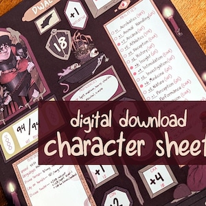 May include: A digital character sheet for a role-playing game. The sheet is filled with handwritten information, including stats, abilities, and proficiencies. The sheet is designed with a dark background and features a character illustration in the top left corner.