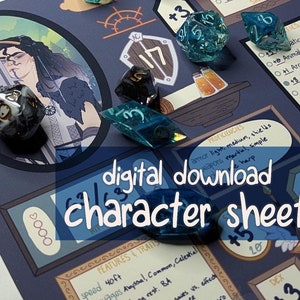 May include: A digital character sheet for a role-playing game. The sheet is printed on a dark blue background with a light blue border. The sheet includes a character portrait, a list of features and traits, and a section for dice rolls. The text "digital download character sheet" is written in white on a black background.