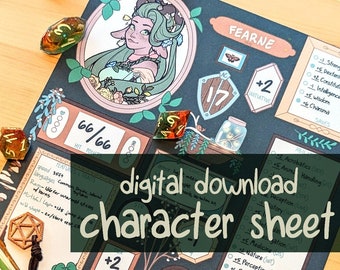 Scheda personaggio DnD 5E ispirata alla natura: arte dai toni della terra e flessibilità digitale - Integrazione artistica personalizzata - 16 pagine