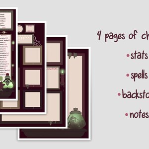 May include: Four printable character sheets for role-playing games. The sheets are designed with a dark background and green accents. The sheets include sections for stats, spells, backstory, and notes.