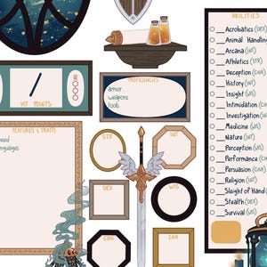 May include: A character sheet for a role-playing game with sections for abilities, proficiencies, features and traits, hit points, and stats. The sheet is decorated with a sword, a lantern, and a potted plant.