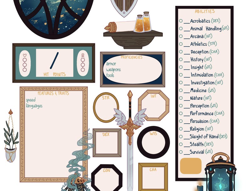 May include: A character sheet for a role-playing game with sections for abilities, proficiencies, features and traits, hit points, and stats. The sheet is decorated with a sword, a lantern, and a potted plant.