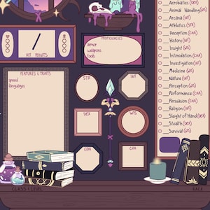 May include: A character sheet for a role-playing game, with a purple background and a wooden table in the foreground. The sheet includes sections for hit points, features and traits, proficiencies, and abilities. There are also illustrations of a character's stats, such as strength, dexterity, constitution, intelligence, wisdom, and charisma.