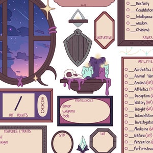 May include: A character sheet for a tabletop role-playing game. The sheet features a variety of sections, including hit points, abilities, proficiencies, and saves. The sheet is decorated with a window with a starry night sky, a shield, and candles.