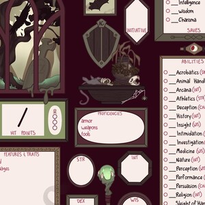 May include: A character sheet for a tabletop role-playing game. The sheet is filled with various stats and abilities, including strength, intelligence, wisdom, and charisma. The sheet also includes a section for proficiencies, features, and traits. The sheet is decorated with a dark, gothic theme.